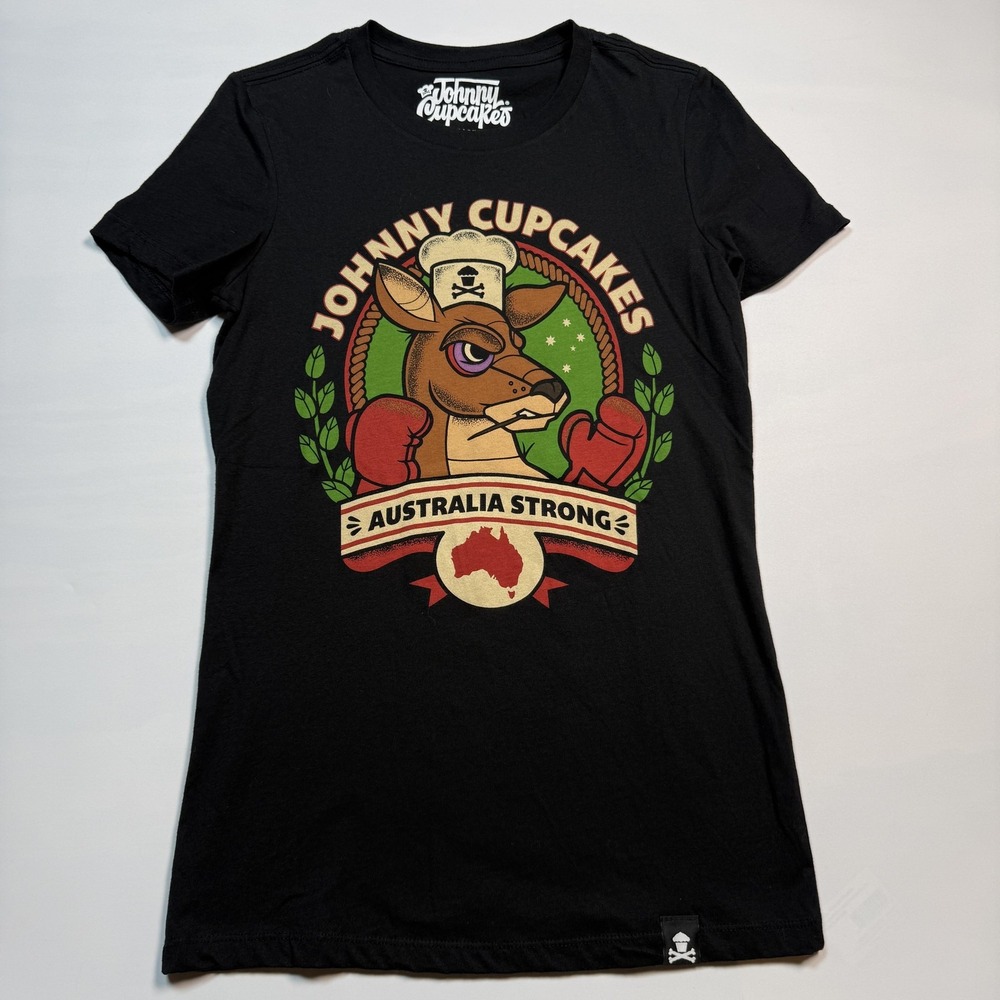 Johnny Cupcakes Shirt Womens Medium Black Australia Strong Kangaroo Tee
